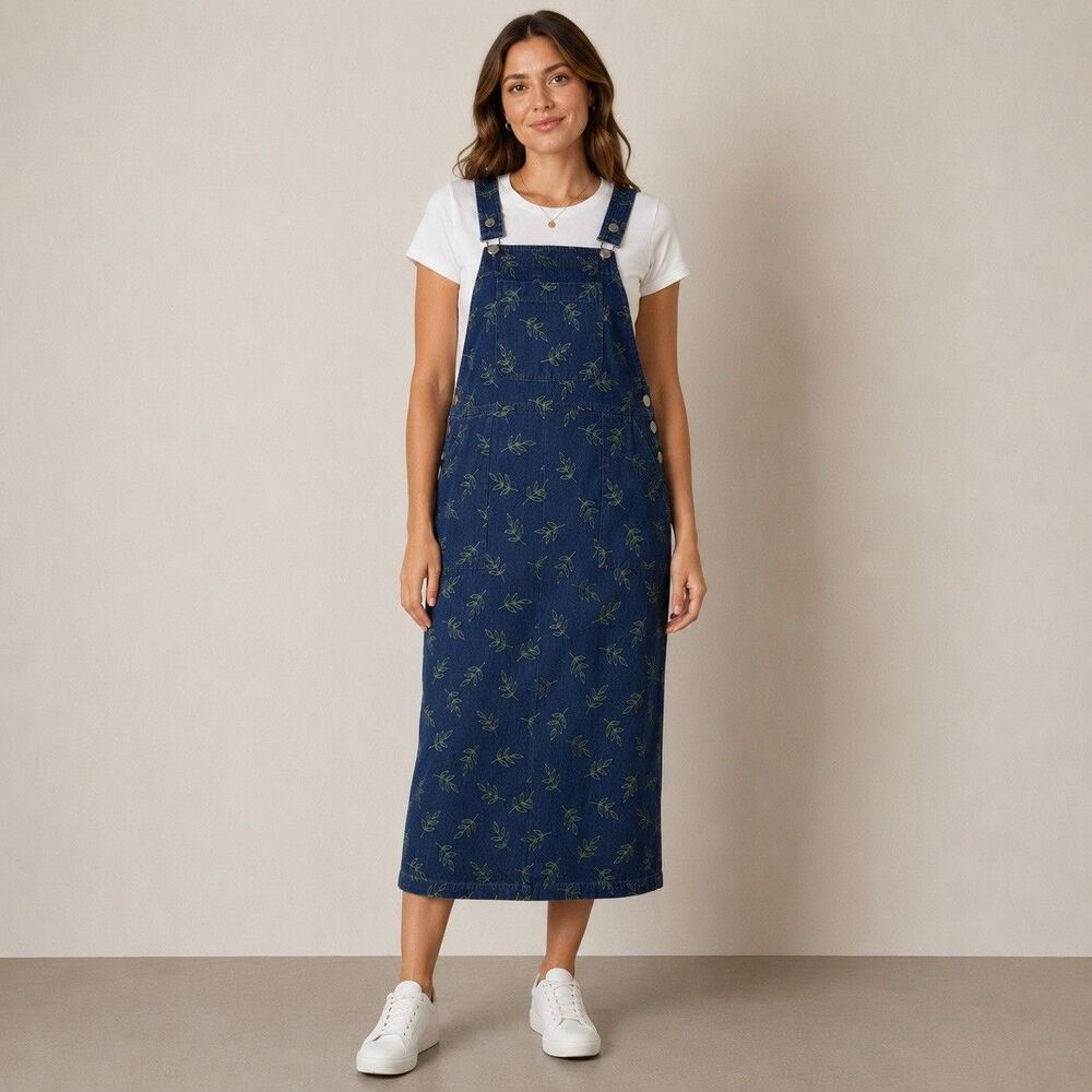 Coldwater Creek Denim Jumper Dress Leaf Print Maxi Pinafore USA Women S Artsy